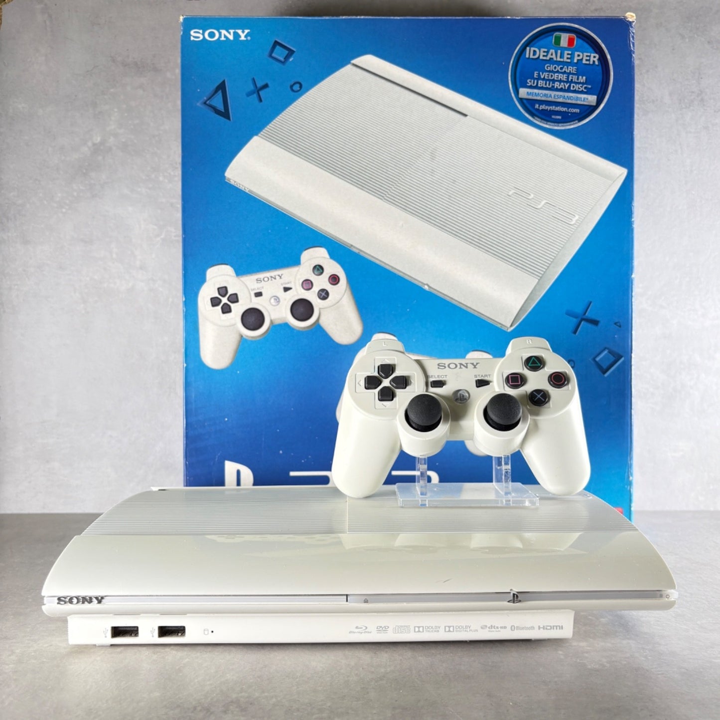 CONSOLE PLAYSTATION 3 SUPER SLIM PS3 Bianco 12GB COMPLETA + Scatola e Controller
