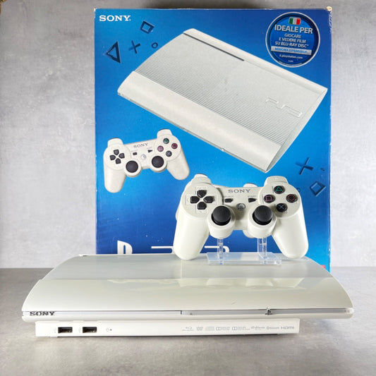 CONSOLE PLAYSTATION 3 SUPER SLIM PS3 Bianco 12GB COMPLETA + Scatola e Controller